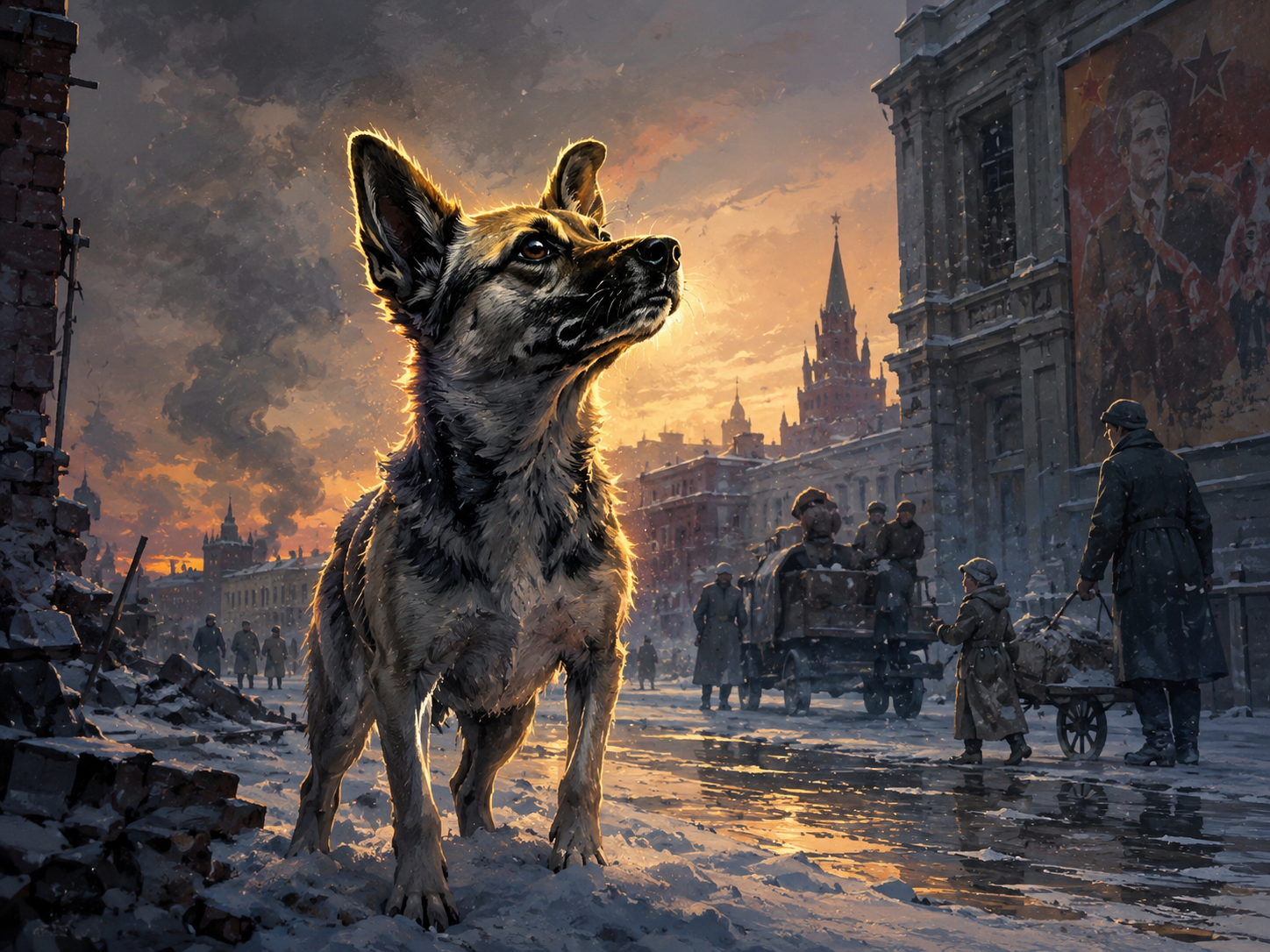 Laika standing in a snowy Soviet street at sunset.