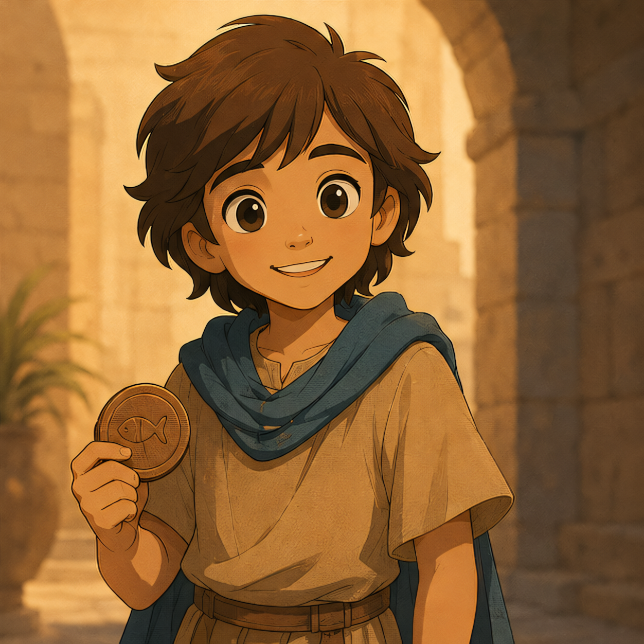 Little Jesus smiling while holding a small round cake.