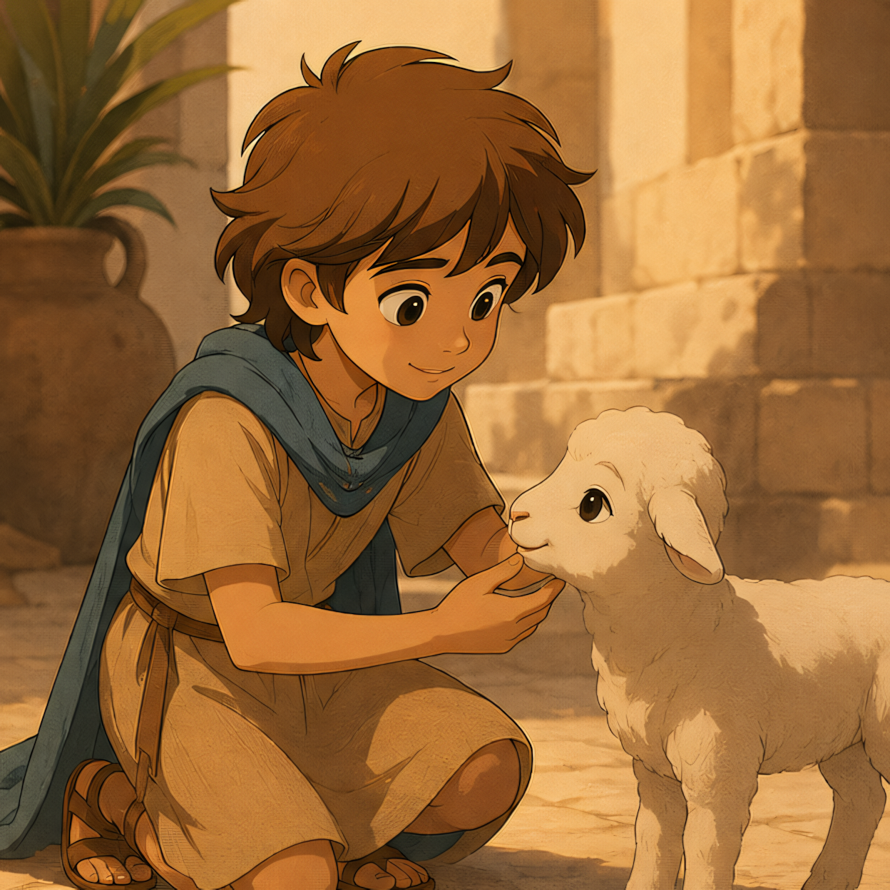 Little Jesus gently touching a small white lamb.